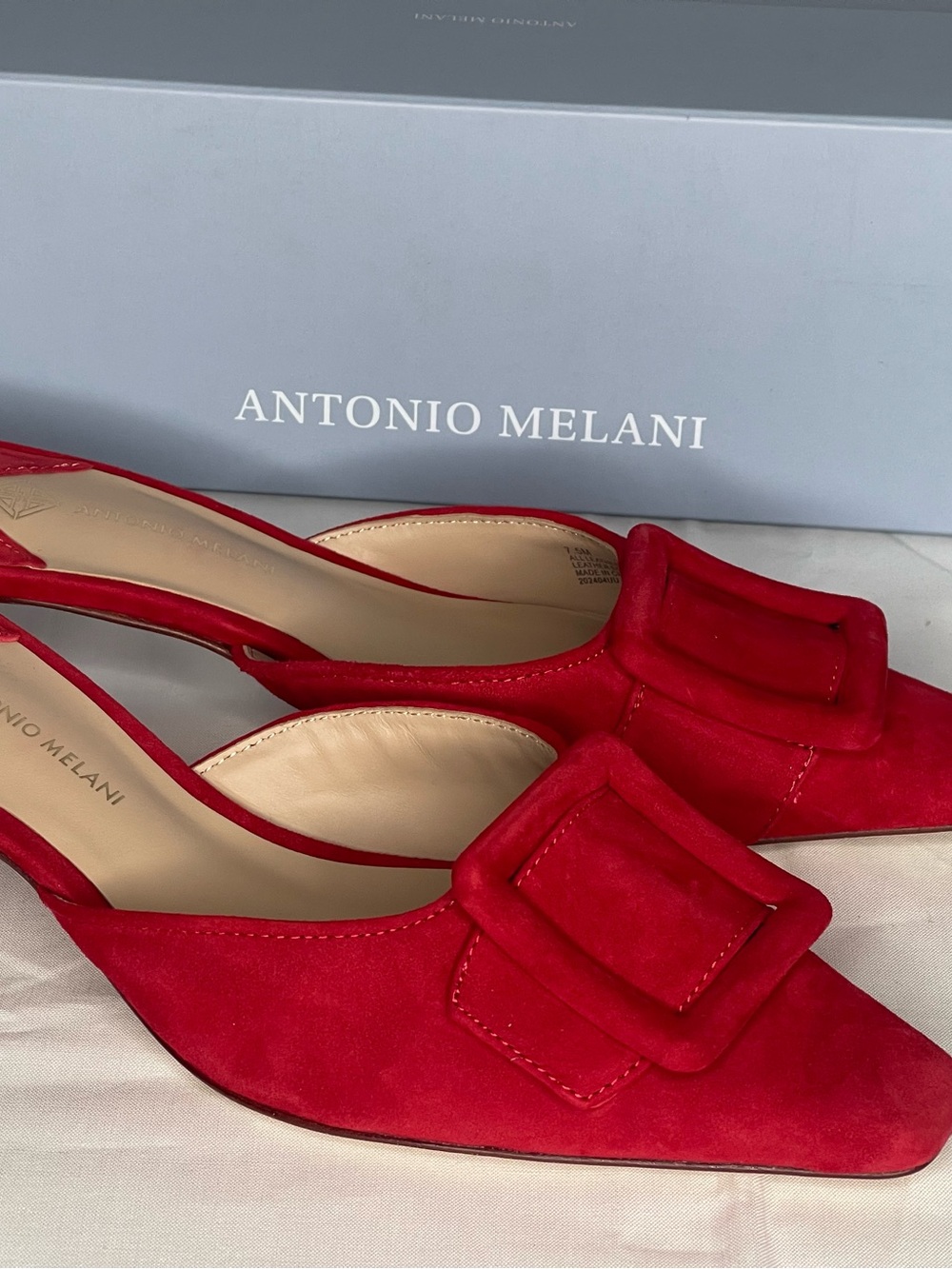 ANTONIO MELANI Red Suede Pointed Slingback Mules with Square Buckle